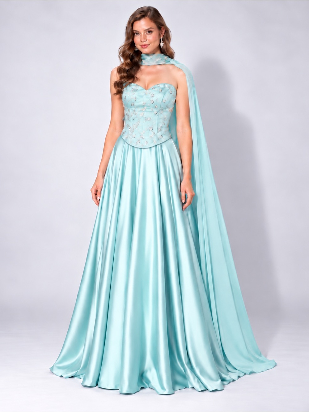 Elegant Mint Blue Satin Embellished Maxi Gown | Size XL | Boutique Dress